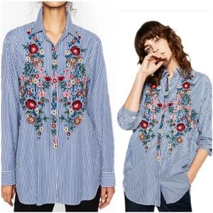 EMBROIDERED striped poplin LONG SLEEVE BLOUSE Zara L